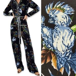 Zara Tropical Bird Floral Jumpsuit w/ Wide Leg, Long Sleeves & White Trim XS